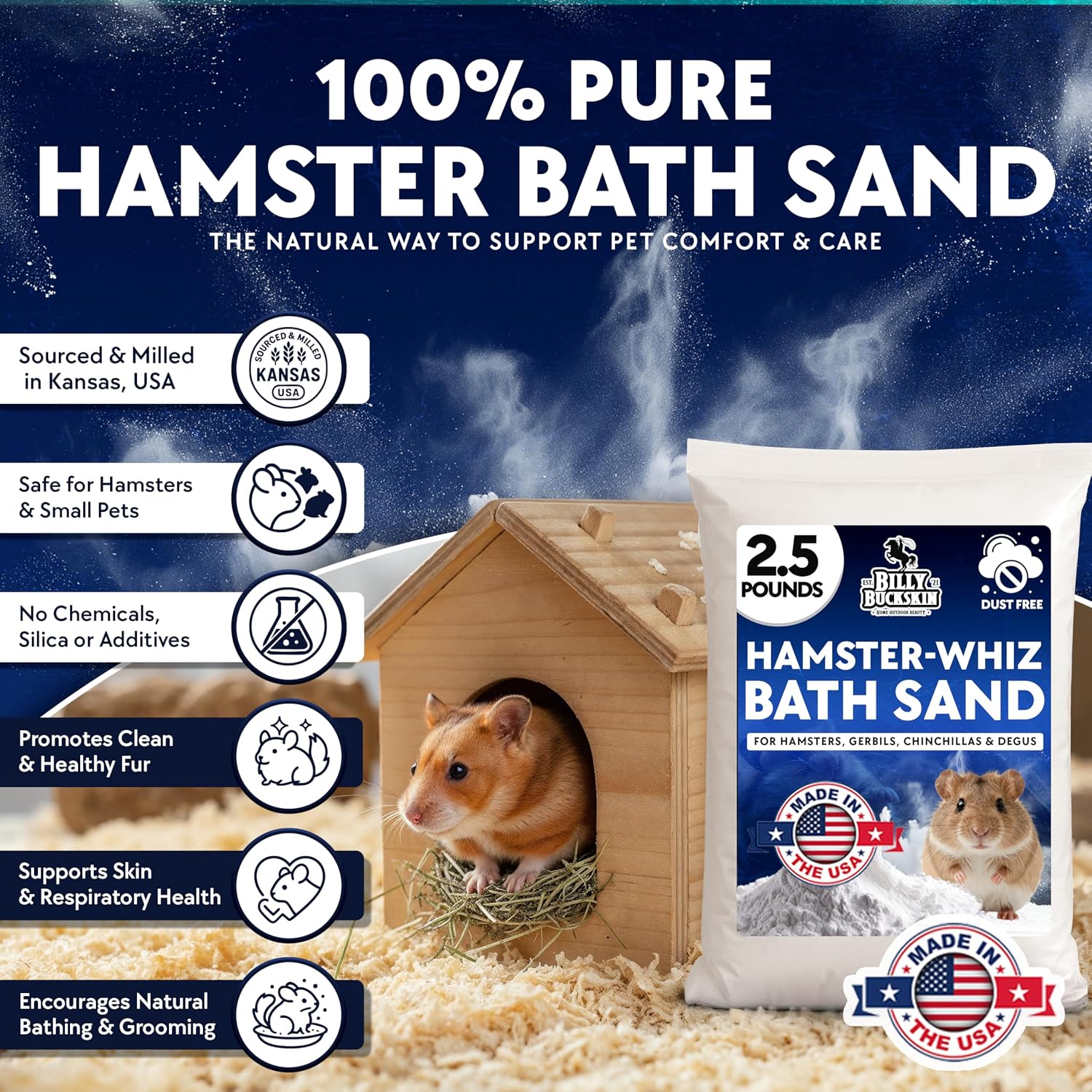 2.5 LB. Hamster Sand Bath - Dust Free, All Natural Volcanic Ash for Fur Health - Sand Bath for Chinchillas, Gerbils, Mice, Degus & All Small Pets - Made in USA - Hamster Accessories by Billy Buckskin - Image 2