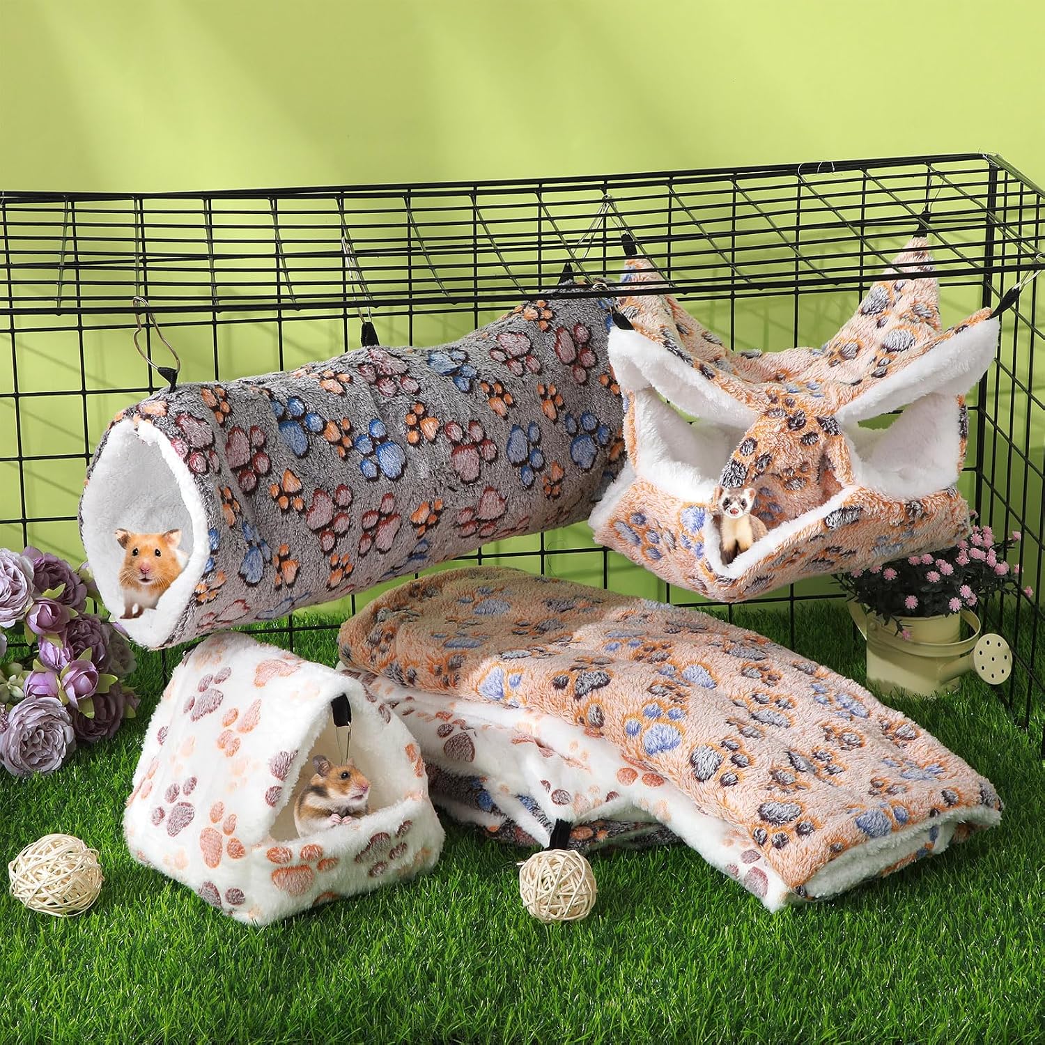 Abbylike 9 Pieces Rat Hammock 3 Tier Guinea Pig Ferret Hammocks Small Pet Hanging Tunnel Glider Toy Guinea Pig Ferret Hideout Bed Cage Accessories for Hamster(Light Brown, White, Black,Paw) - Image 7