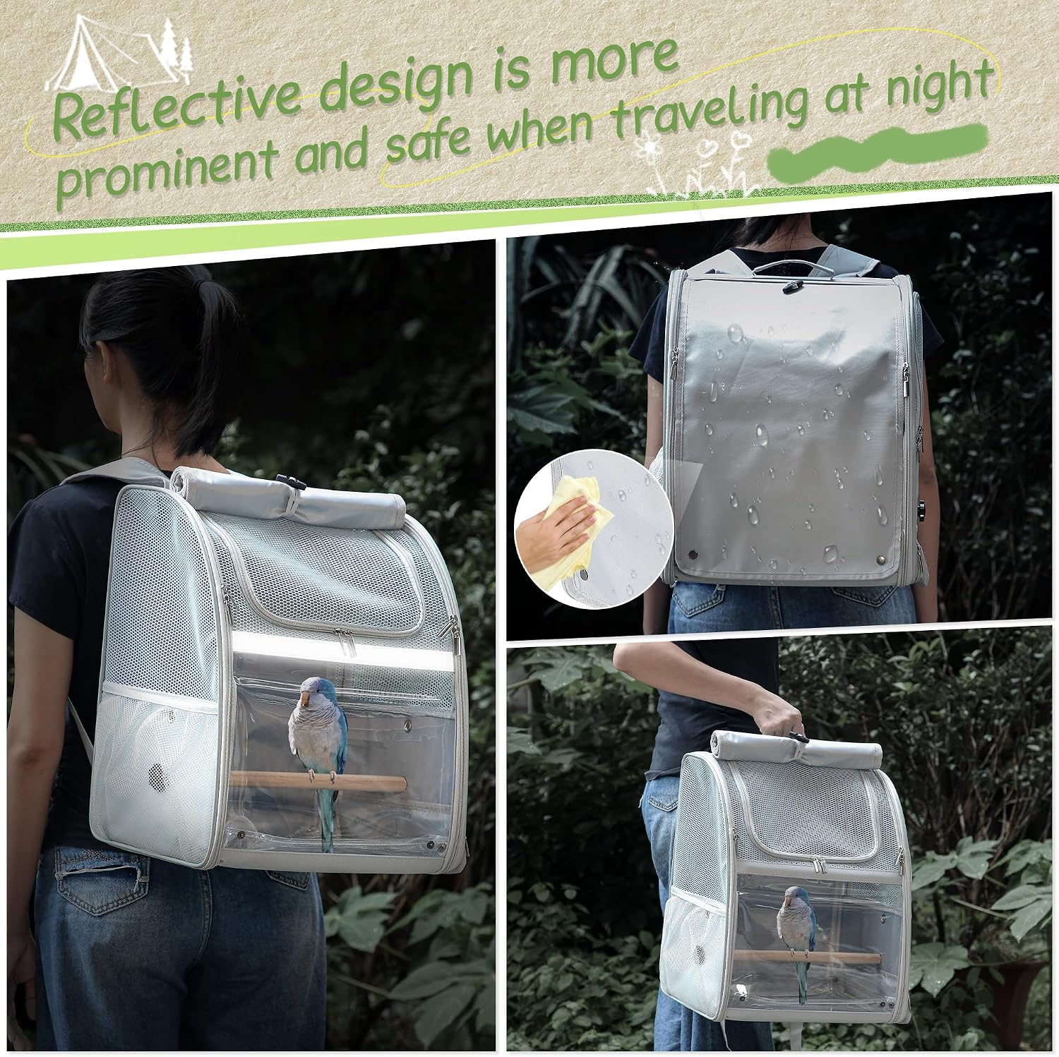 Sanmoncare Bird Carrier Backpack with 2 Adjustable Perches, Water-Repellent Parrot Travel Cage with Stainless Steel Tray, Breathable Pet Carrier for Cockatiels, Conures and Vet Visits - Image 6
