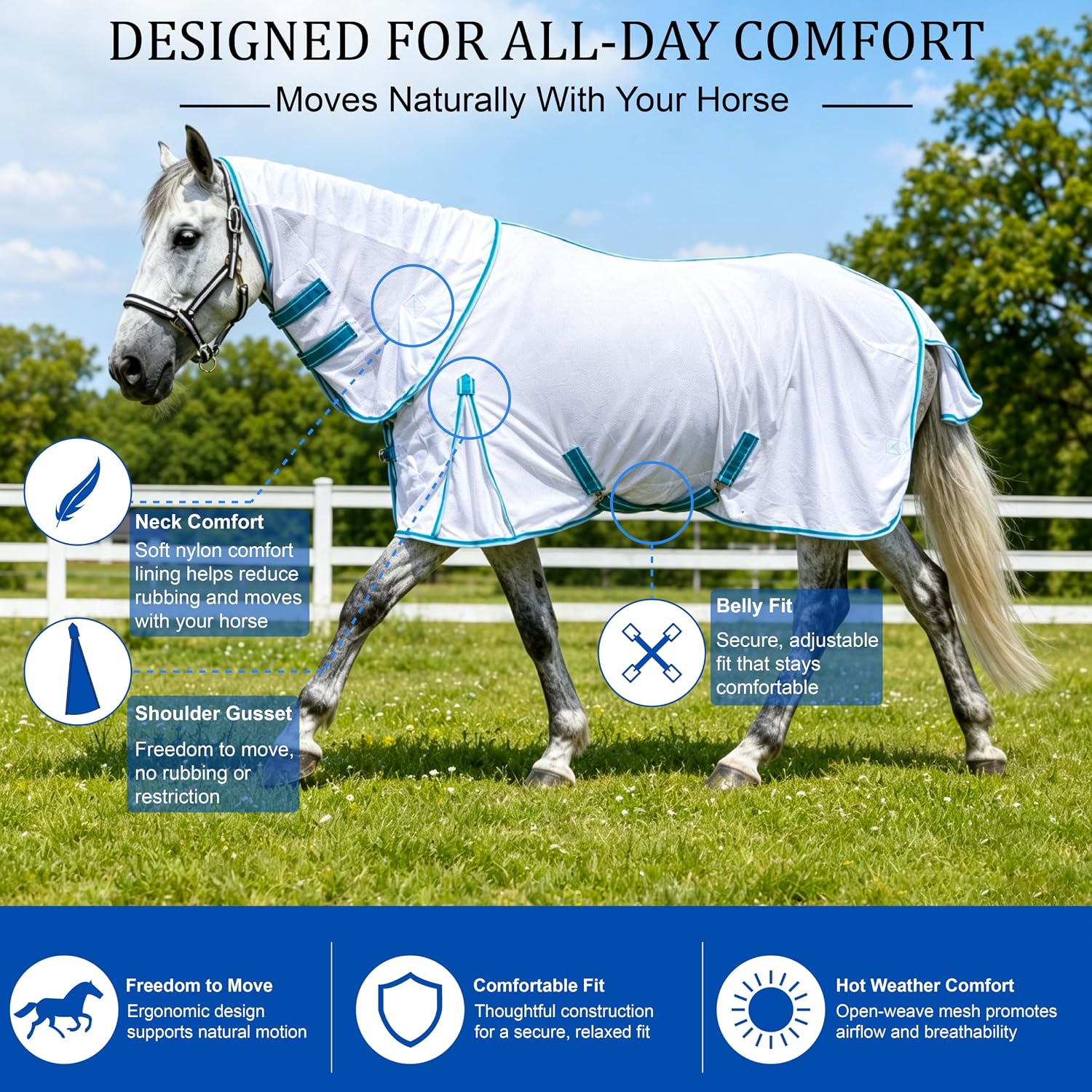 Horse Fly Sheet with Detachable Neck, Maximum Airflow Breathable Open Weave Mesh for Hot Weather, Anti-Rub Comfort, 65% UV Protection, Cool Summer Sheet for Pasture & Barn White 78 - Image 3