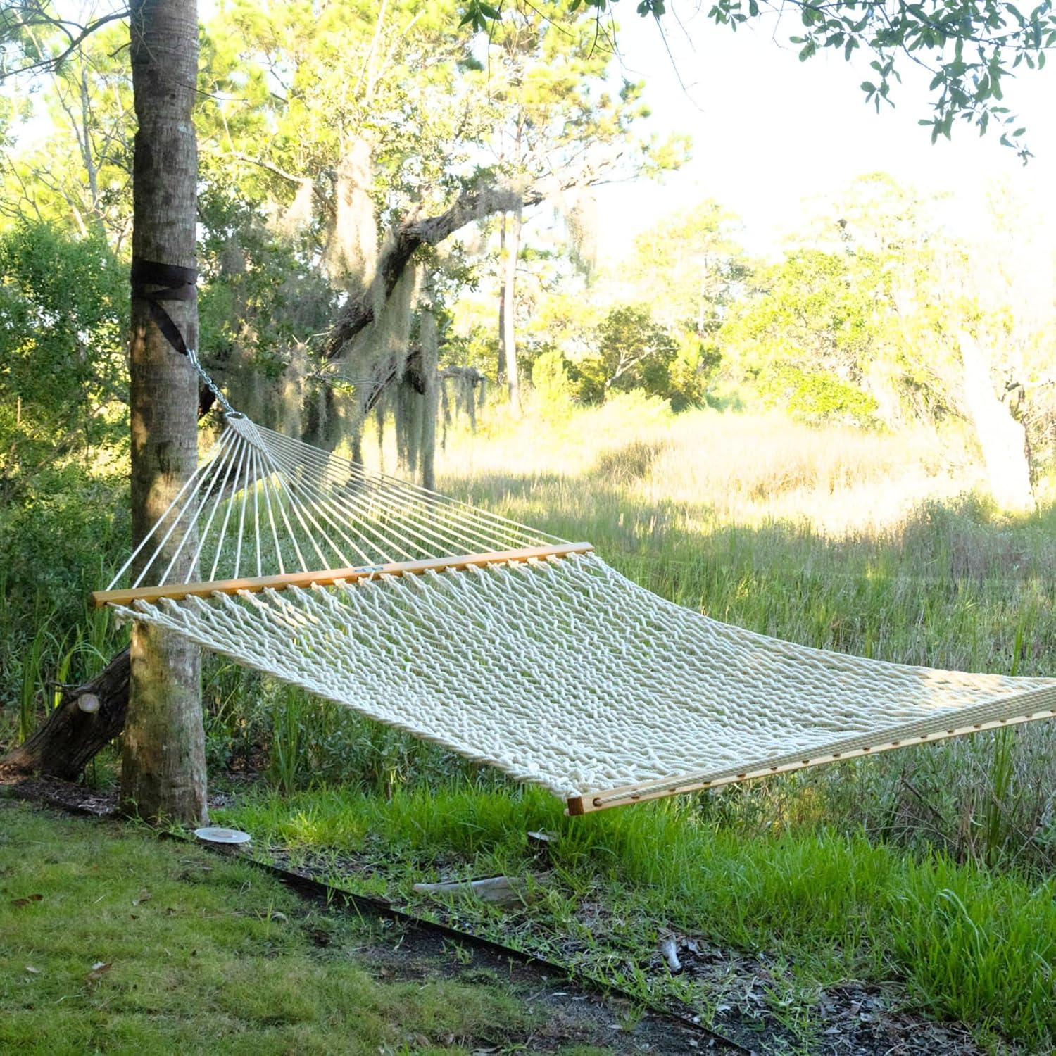 Original Pawleys Island Large Oatmeal DuraCord Rope Hammock – 13 ft. x 55 in., 2-Person, 450 lb Capacity, Oak Spreader Bar, Zinc-Plated Hardware, Handcrafted in the USA - Image 6