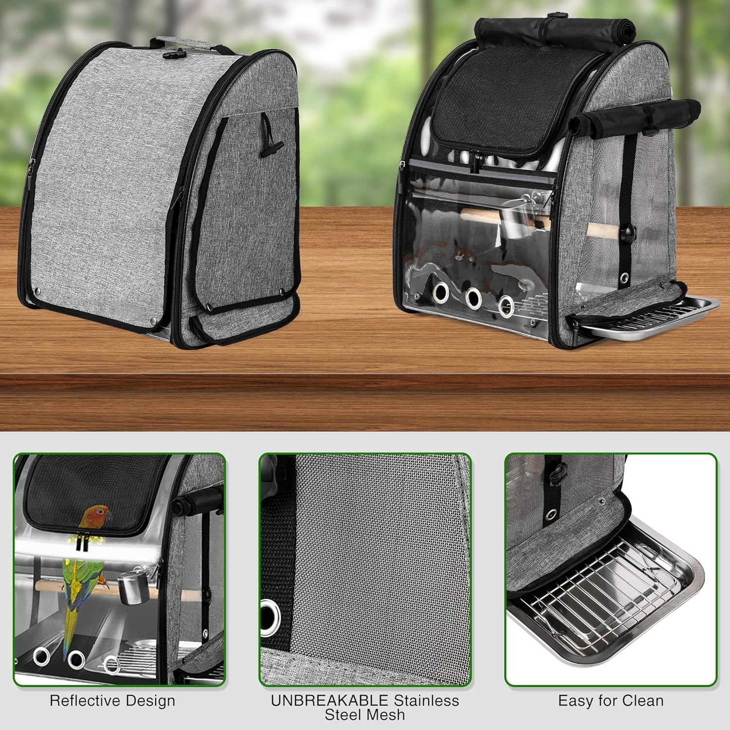 Bird Carrier Bag with Indestructible Stainless Steel Mesh, Bird Travel Cage with Stand, Easy to Clean Backpack for Parrot, Portable Bird Travel Bag, Grey - Image 2