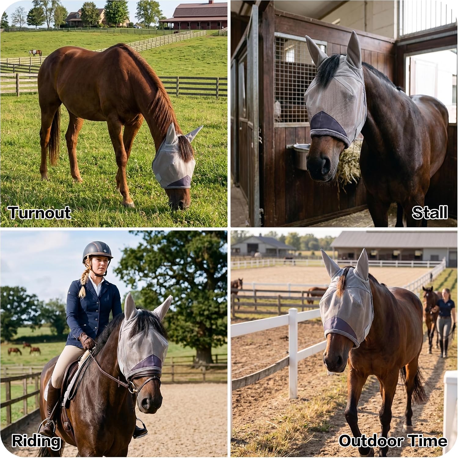 Horse Fly Mask with Ears - UV Protection Fine Mesh Super Comfort Fly Masks for Horses, Adjustable Breathability Horses Masks, Pony Equine Fly Mask for Miniature Foal Draft Cob Srabian Full (Gray, L) - Image 7