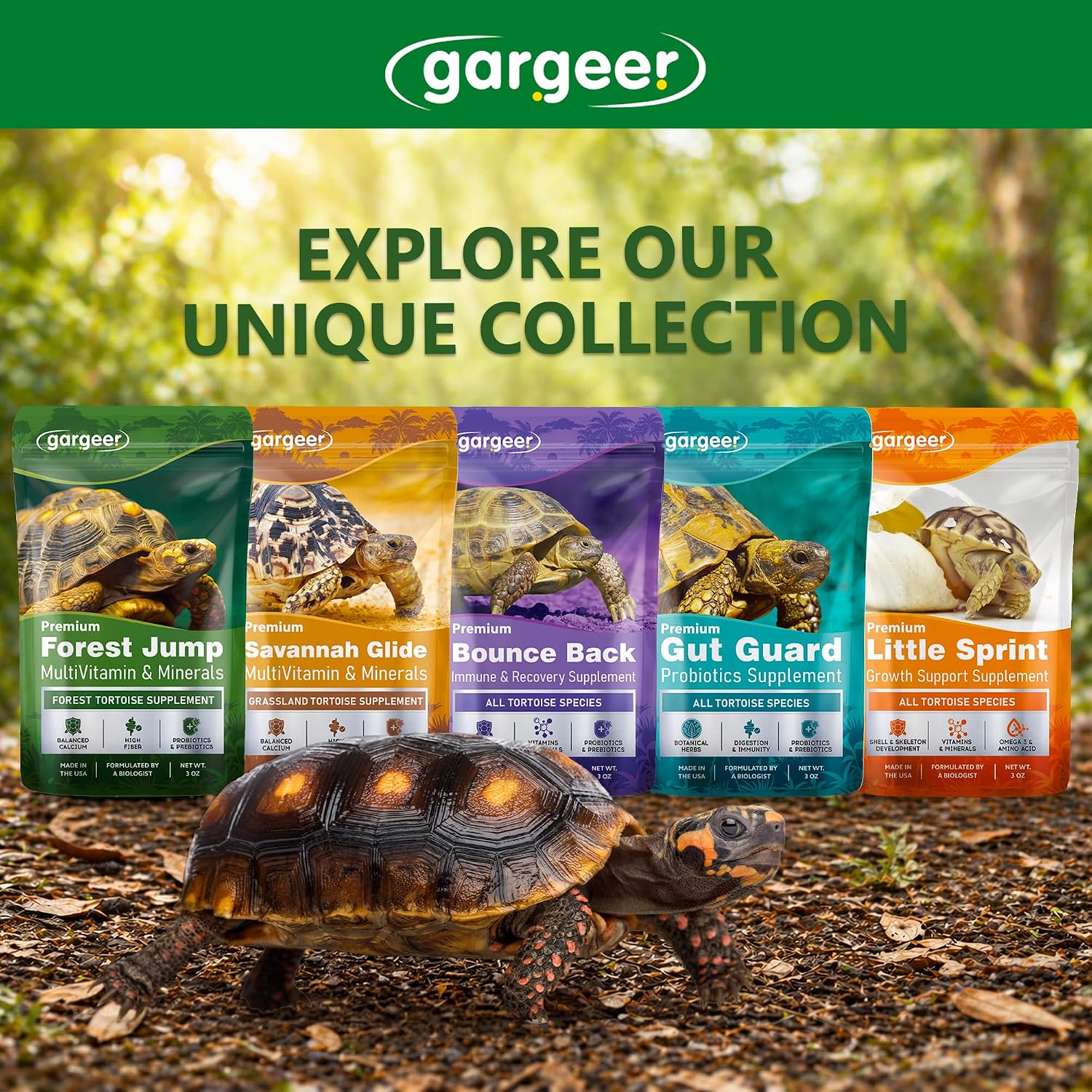 Gargeer Forest Jump - Forest Tortoise Multivitamin & Mineral Powder 2oz, Probiotics, Calcium & Vitamins for Red Foot, Yellow Foot & Hingeback Tortoises & All Forest Tortoises. Made in the USA. Enjoy! - Image 6