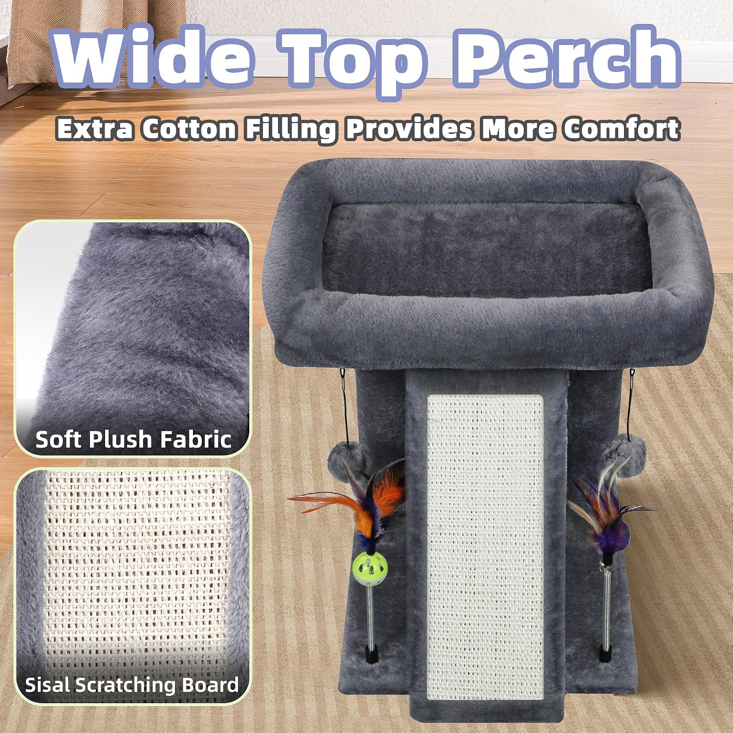 TWDEPART Cat Tree Tower with Cat Scratching Post for Indoor Cats, Activity Centre Climbing Tree with Scratching Board and Playful Toy Balls, Grey - Image 5