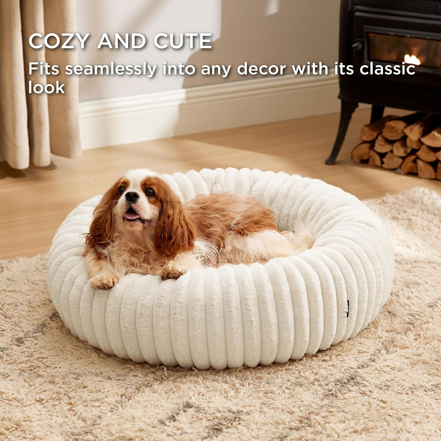 Bedsure ComfyFleece™ Donut Medium Dog Bed - Washable Faux Fur with Corduroy Fleece & Anti Slip Bottom, Round Pet Bed with Removable Cover, Cream, 30x30x8 inches - Image 4