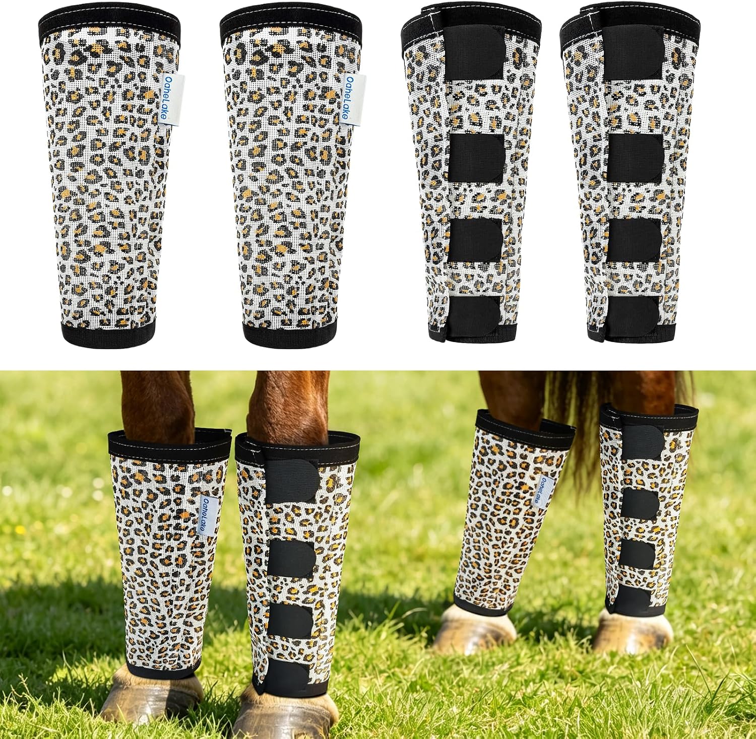 Leopard-Print Horse Fly Boots Set of 4, Soft Top Loose Fitting Leggings for Horses, Cheetah Print Style Design, Equine Breathable Adjustable 4 Leg Wraps Socks, Reliable Leg Guards for 4 Legs