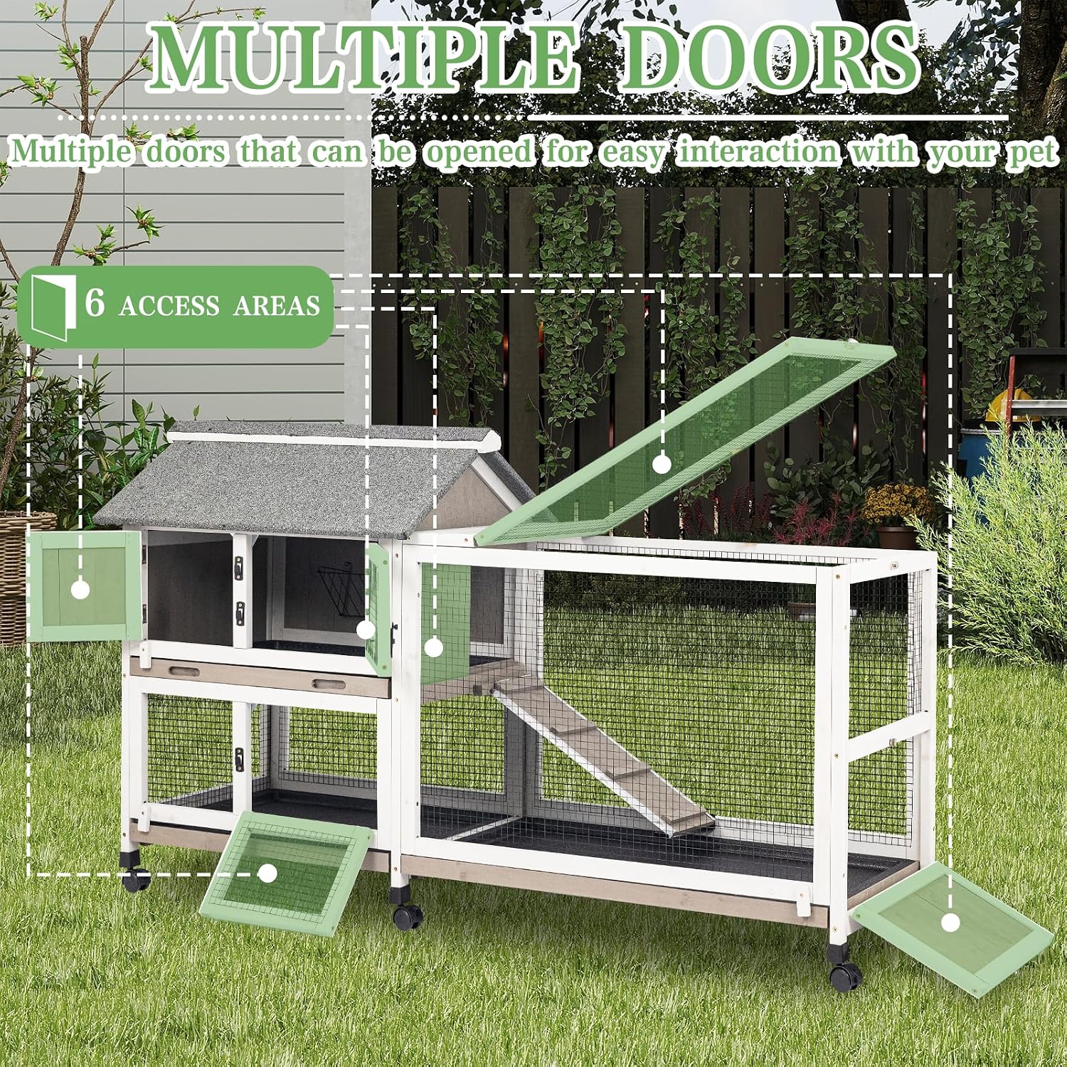 2-Story Rabbit Hutch Indoor & Outdoor, Large Bunny Hutch with 3 Pull-Out Trays, 6 Lockable Wheels, Wooden Rabbit Cage with Asphalt Roof & 6 Accesses for 2-4 Rabbits, Backyard, Home, Patio - Image 3