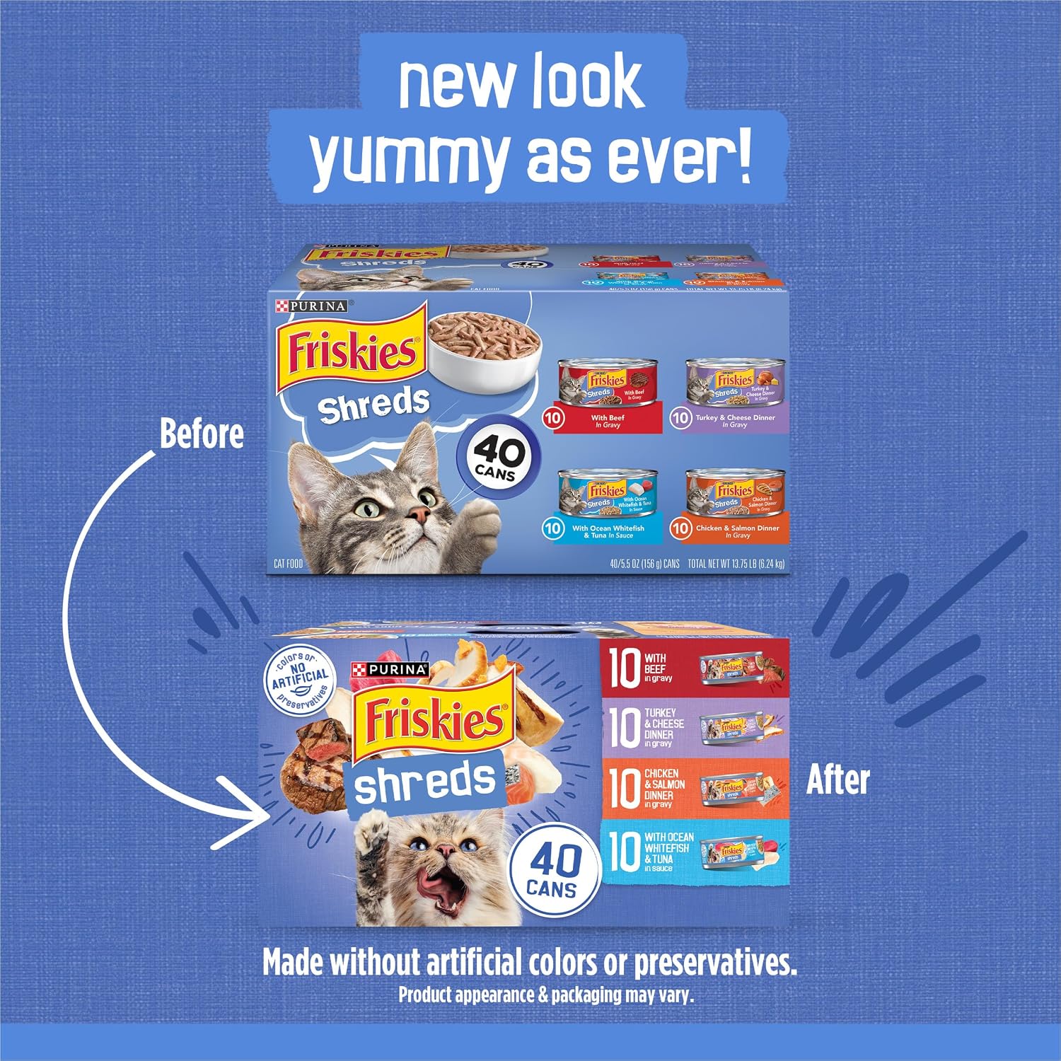 Purina Friskies Wet Cat Food Variety Pack, Shreds With Beef, Turkey and Cheese Dinner, Chicken and Salmon Dinner, and With Ocean Whitefish and Tuna - (Pack of 40) 5.5 oz. Cans - Image 2