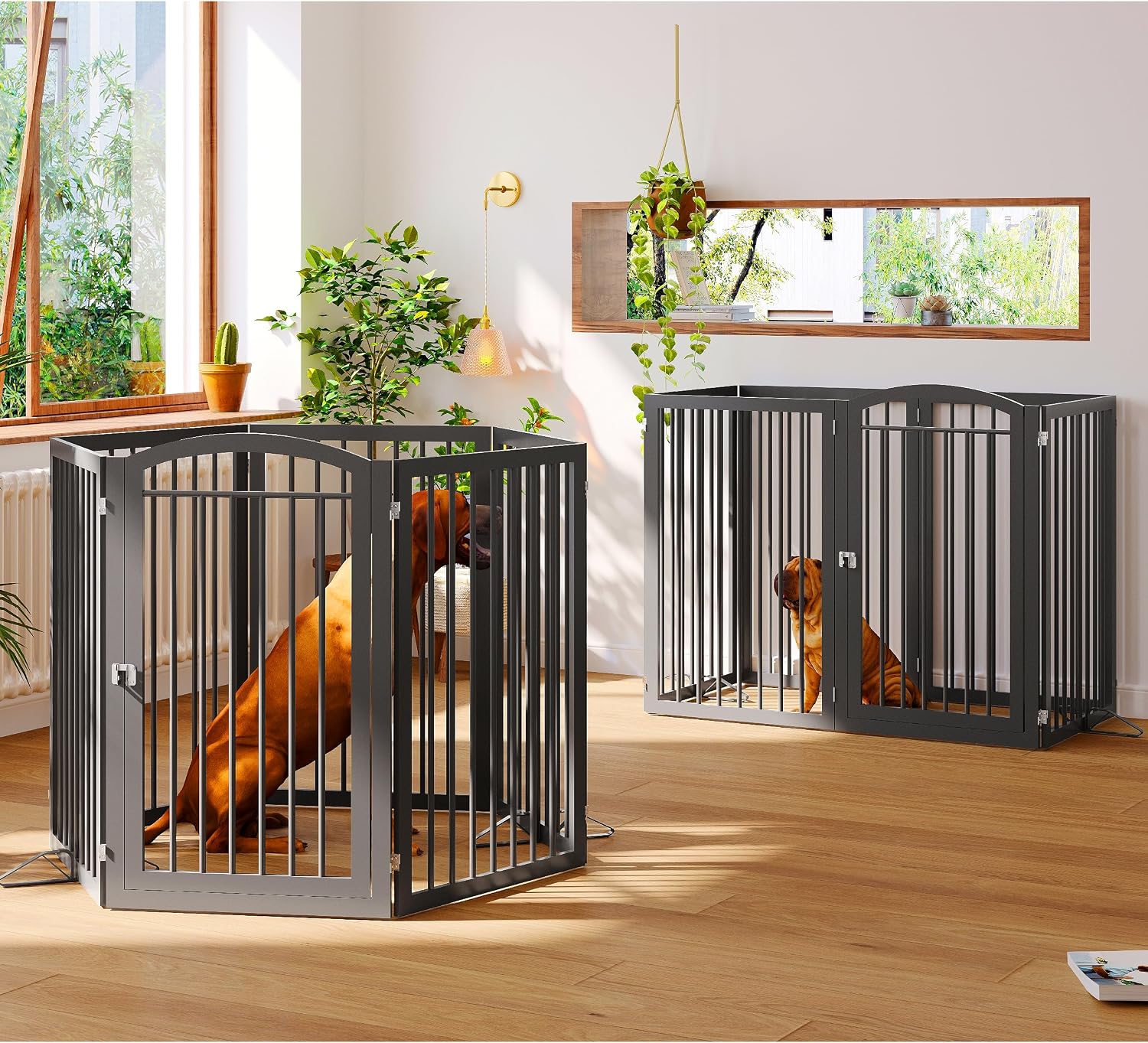 JSB 144-inch Extra Wide 30-inch Tall Dog gate with Door Walk Through, Freestanding Round Tube Pet Gate for Halls Stairs, Puppy Safety Dog Fence with 2PCS Support Feet (Black) - Image 2