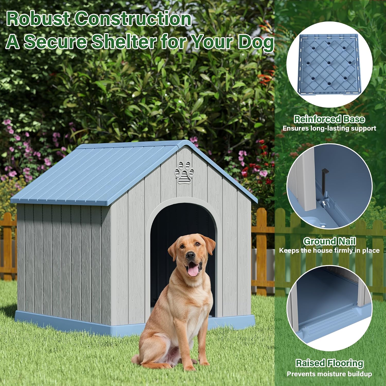 Bifanuo Large Dog House for Outdoor & Indoor, Waterproof Puppy Shelter with Air Vents & Elevated Floor, Easy Assemble Sturdy Dog Kennel for Large Dogs (Blue, 36.2''L×38''W×38''H) - Image 3