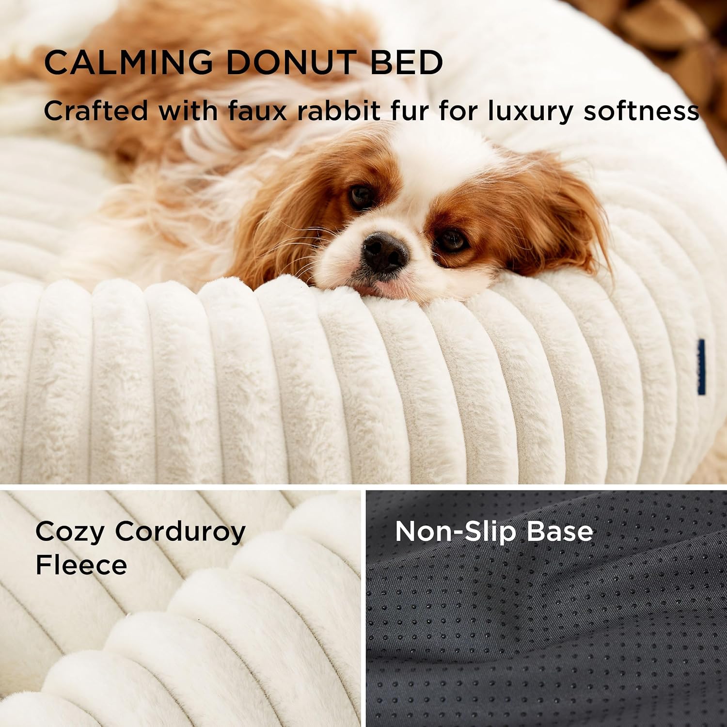 Bedsure ComfyFleece™ Donut Medium Dog Bed - Washable Faux Fur with Corduroy Fleece & Anti Slip Bottom, Round Pet Bed with Removable Cover, Cream, 30x30x8 inches - Image 3