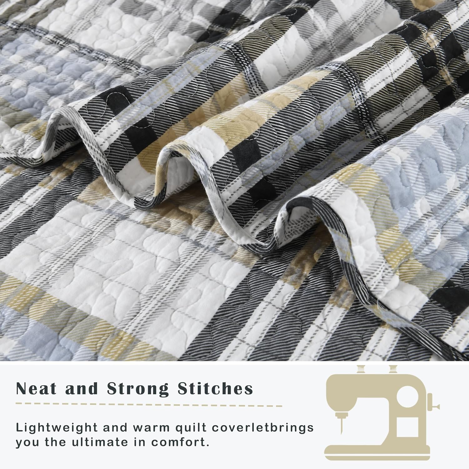 Quilts Queen Size, 100% Cotton Queen Size Comforter Set, Brown Black Grey White Striped Bedding Sets, Plaid Queen Bedspread,Brown Gingham Comforter Set Lightweight Reversible All Season 3 Piece - Image 5