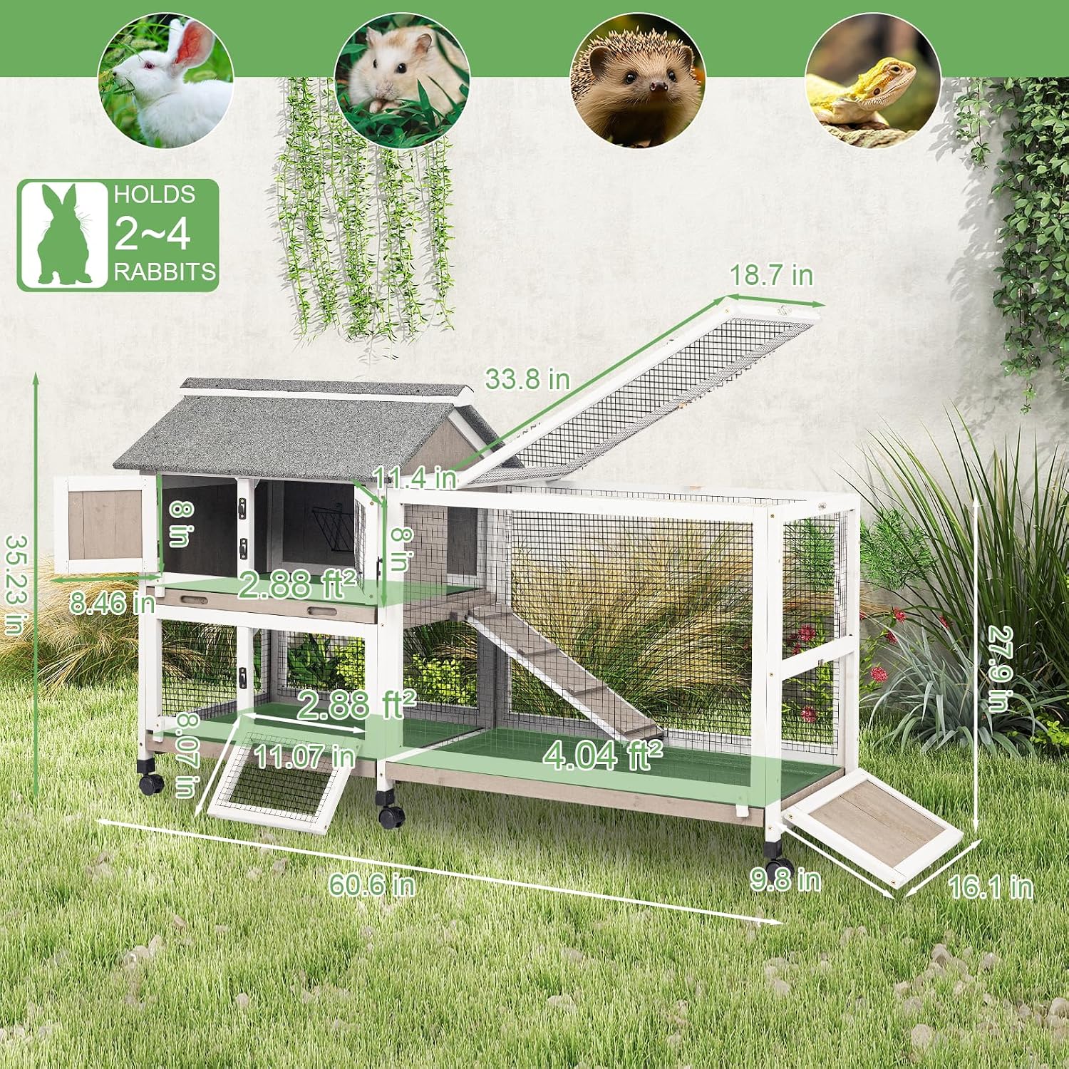 2-Story Rabbit Hutch Indoor & Outdoor, Large Bunny Hutch with 3 Pull-Out Trays, 6 Lockable Wheels, Wooden Rabbit Cage with Asphalt Roof & 6 Accesses for 2-4 Rabbits, Backyard, Home, Patio - Image 7