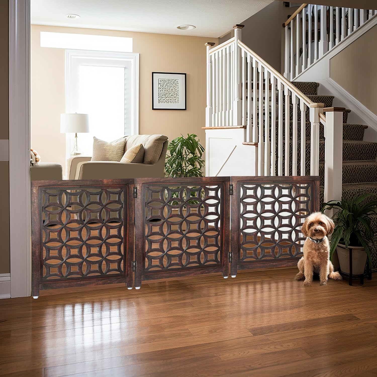 Croft&Cane Wooden Foldable Pet Dog Safety Gate – 3 Panel Freestanding Indoor Pet Fence (20 inches W x 24 inches H) – Hand-Carved Solid Wood & MDF – Fully Assembled 60x24 - Antique Brown - Image 6