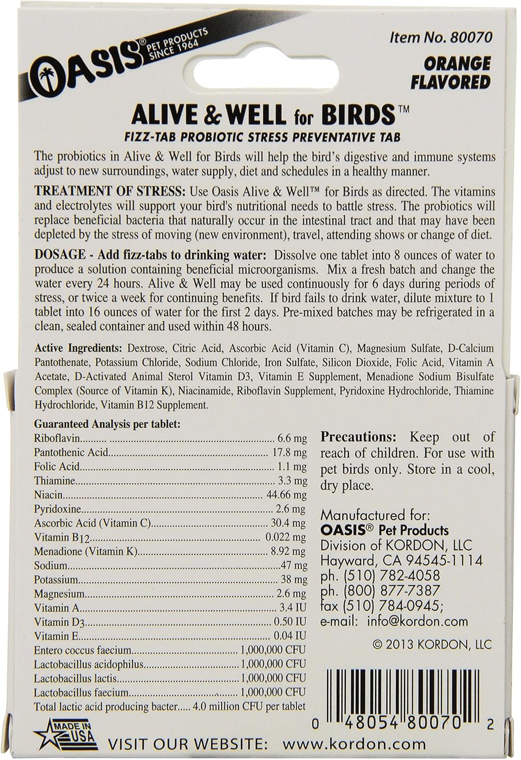 OASIS #80070 Alive and Well, Stress Preventative & Pro-Biotic Tablets for Birds, white, 1 Count (Pack of 1) - Image 2