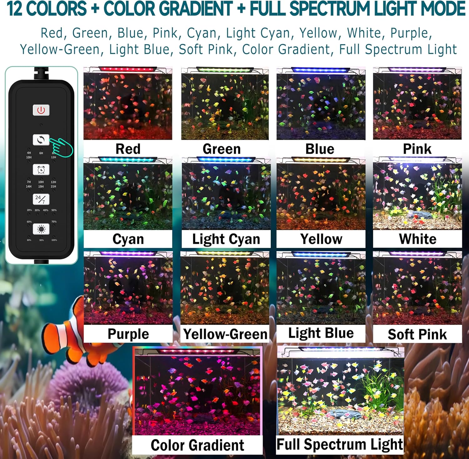 24/7 Mode LED Aquarium Light for 12-18 Inch Plant & Fish Tank, IP68 Full Spectrum Light, Sunrise-Daylight-Moonlight, White Red Green Blue Pink LEDs with Extendable Brackets for Freshwater - Image 6