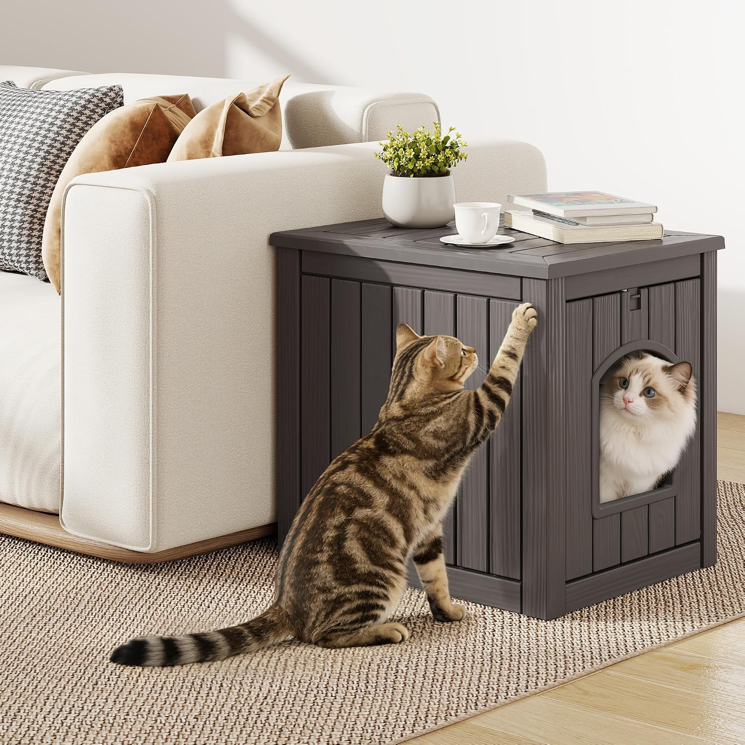 Cat Litter Box Enclosure, Multi-Functional Enclosed Cat Litter Box Furniture, Outdoor Cat House Weatherproof, Openable Front Door & Raised Floor, Easy to Clean & Assemble, Grey - Image 7