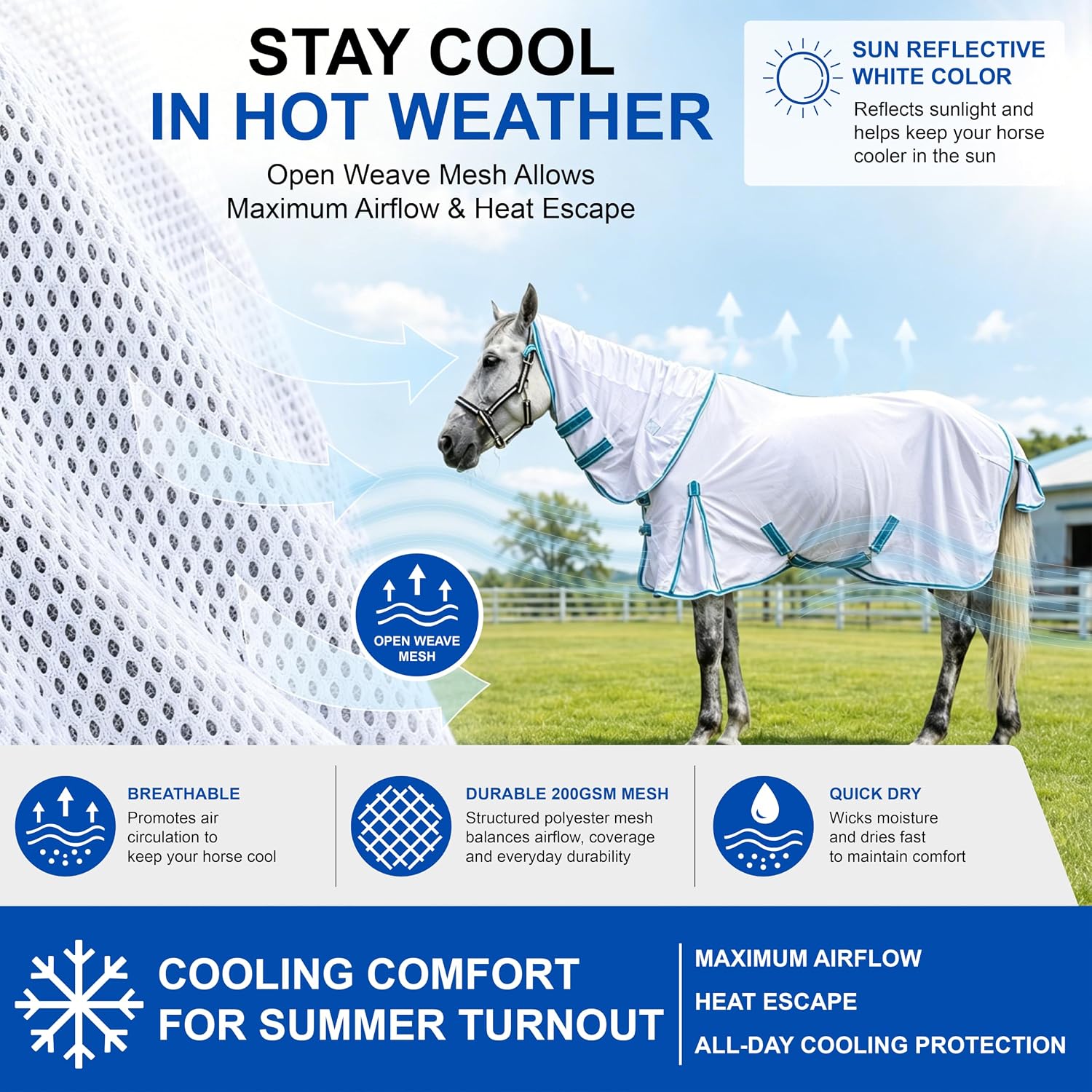 Horse Fly Sheet with Detachable Neck, Maximum Airflow Breathable Open Weave Mesh for Hot Weather, Anti-Rub Comfort, 65% UV Protection, Cool Summer Sheet for Pasture & Barn White 78 - Image 2