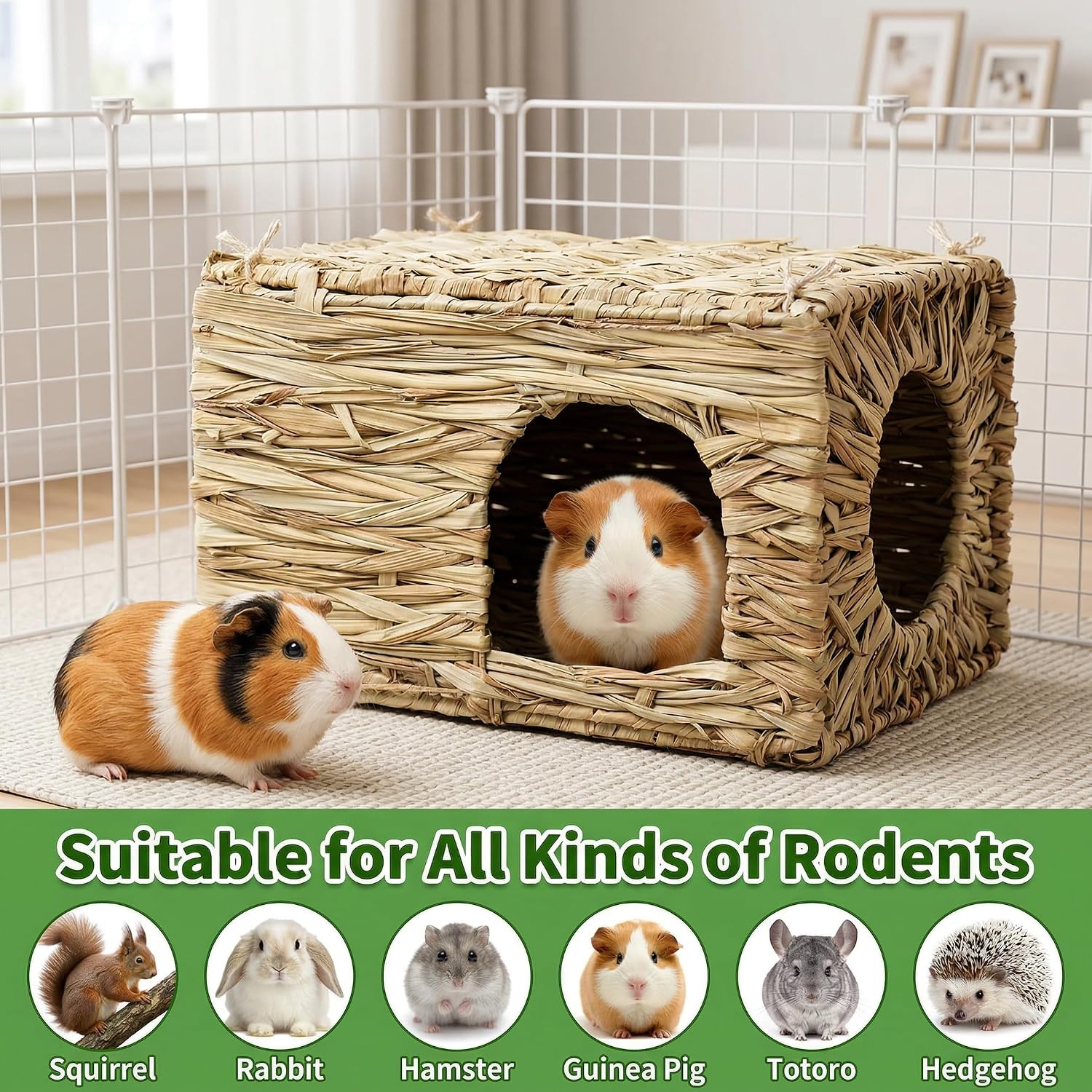 WUWEOT 2 Pack Large Grass Bunny House, Foldable Rabbit Hut, Play Hideaway Bed Hay Mat Chew Toy for Rabbit, Guinea Pigs, Gerbils, Hamster and Small Animals, 11"x8"x8" - Image 6