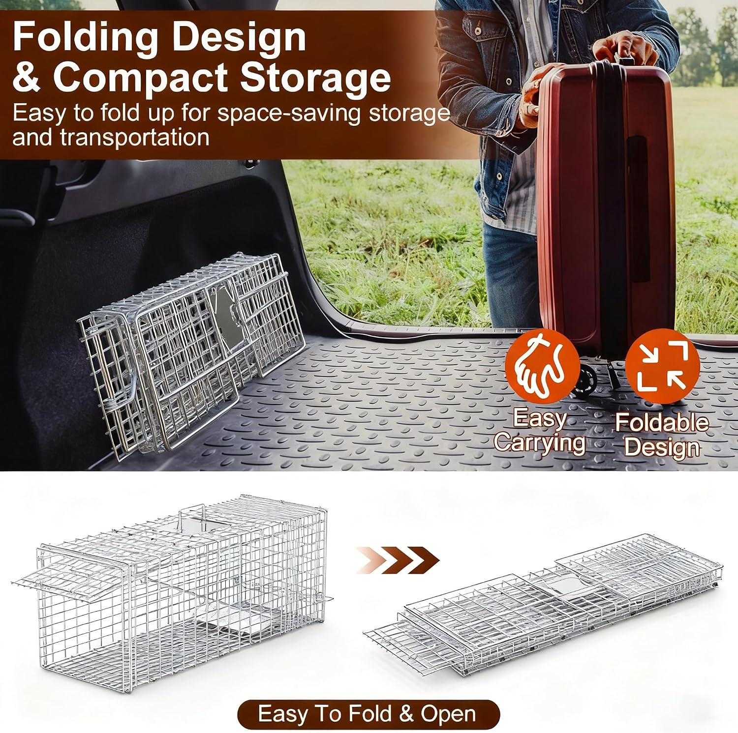 Large Live Animal Trap Cage Humane Collapsible Trap | Galvanized Iron Outdoor Foldable Animal Cage for Raccoons Foxes Coyotes Stray Dogs Armadillos - Image 4