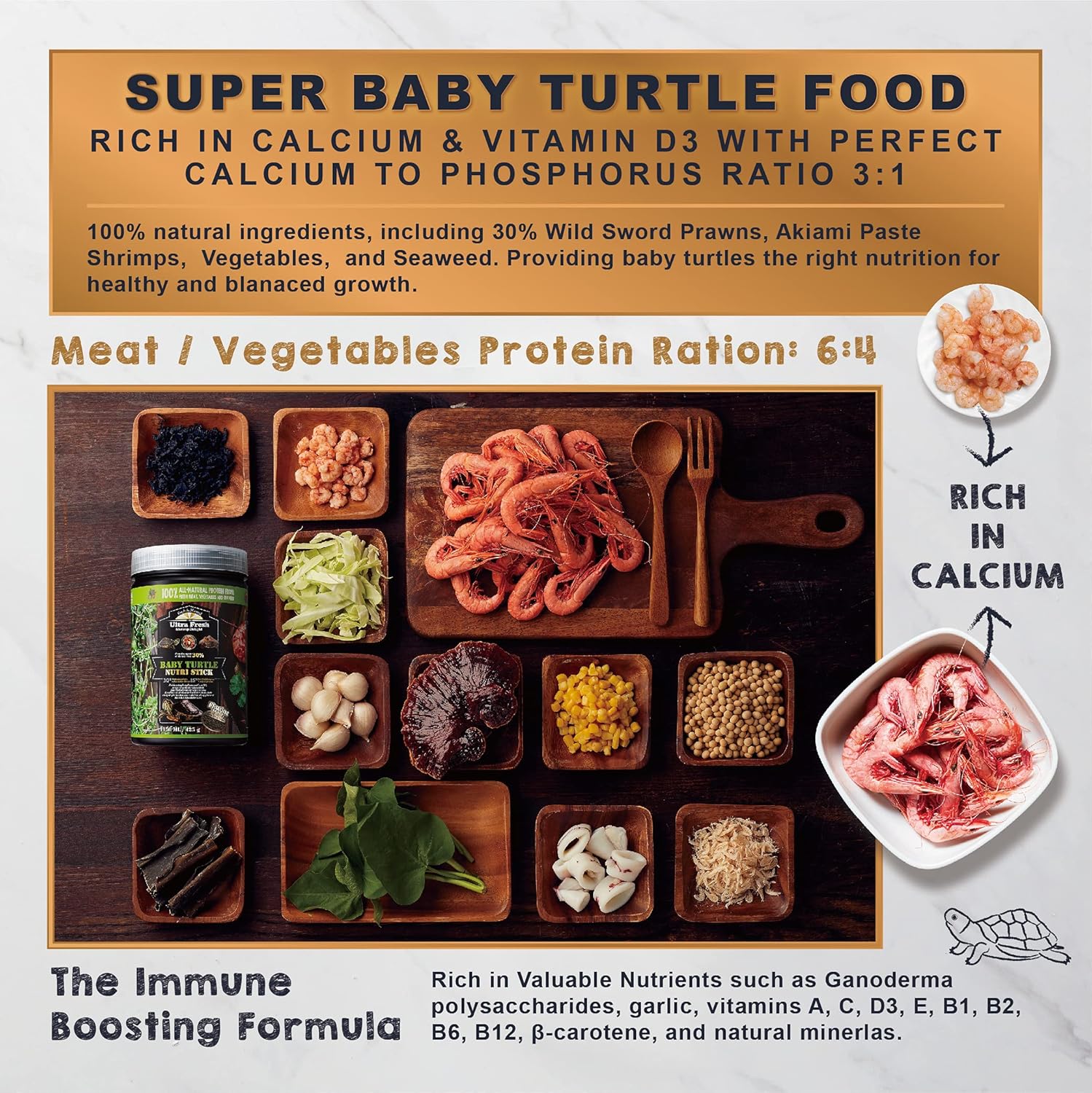 Ultra Fresh Floating Baby Turtle Food, All Natural Ingredients, Wild Sword Prawn, Calcium Vitamin D Enriched for Picky Aquatic Turtles, Baby Turtle Nutri Stick 1.6 oz - Image 3