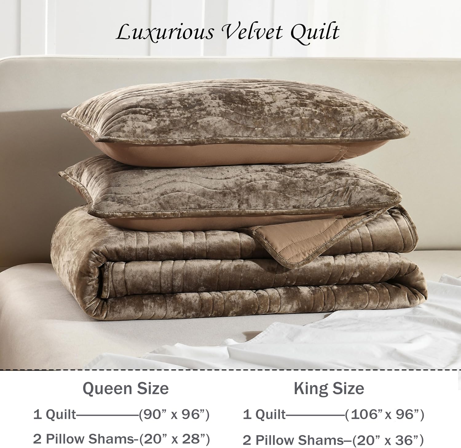 Velvet Quilt Set, Mocha Brown Velvet Quilt Queen Size Comforter Set, Luxury Bedding Soft Plush Bedspread, Machine Washable Coverlet, All-Season 3 Pieces - Image 5