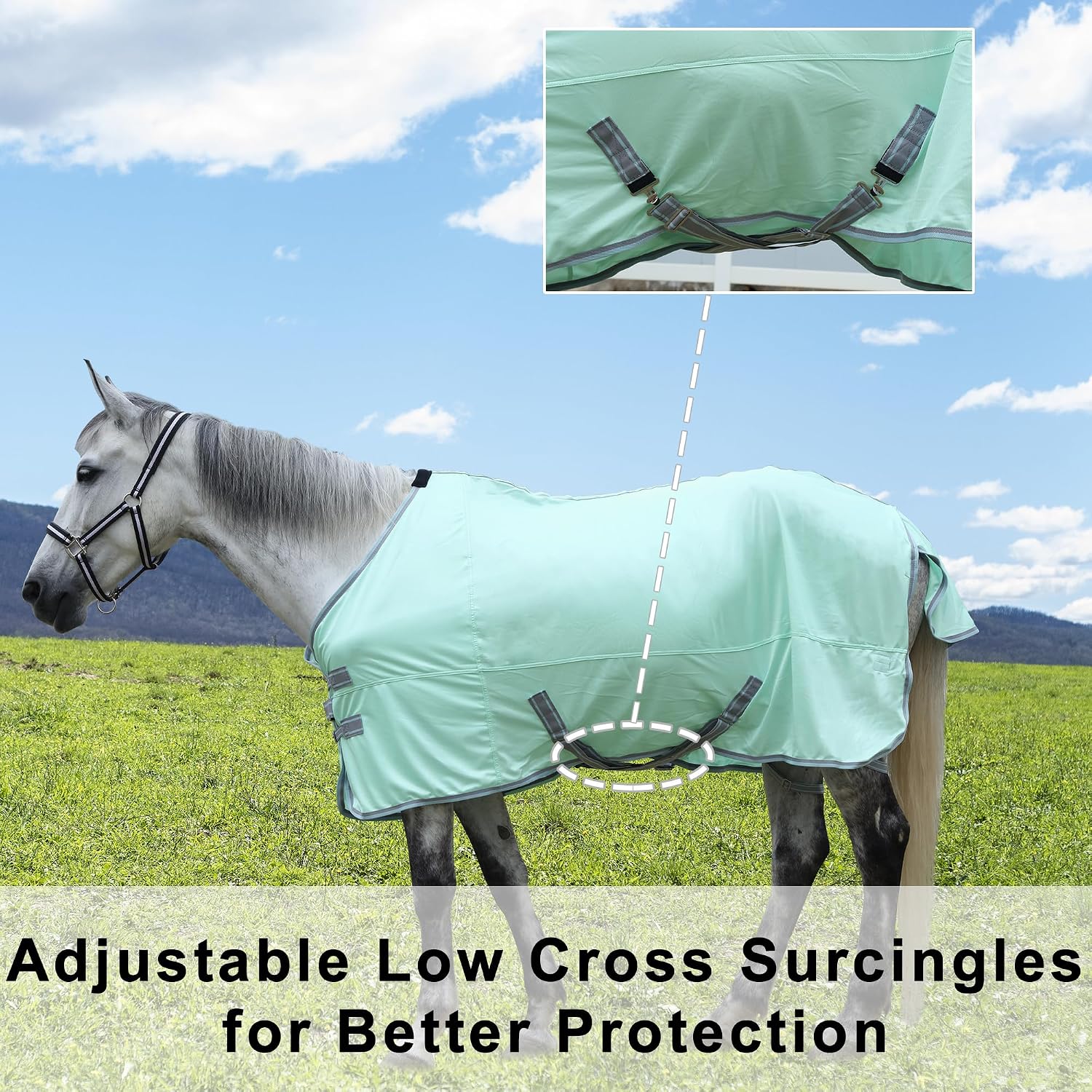 Horse Fly Sheet Lining, Breathable Mesh Horse Sheets, Equine Summer Sheets UV Protection, Bug Mosquito FlySheet for Stable, Pasture, Barn - Standard Neck - Mint Green 78" - Image 5