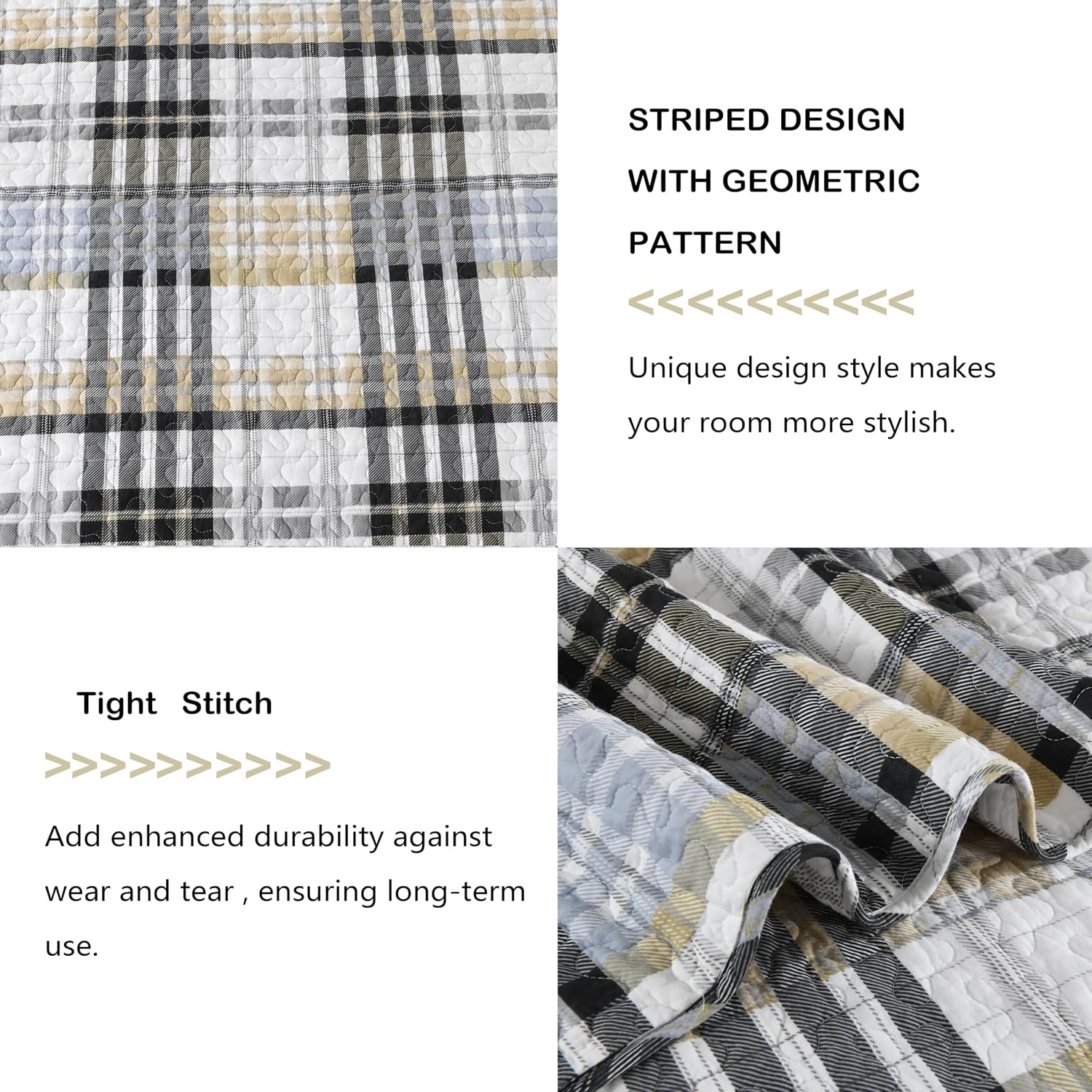 Quilts Queen Size, 100% Cotton Queen Size Comforter Set, Brown Black Grey White Striped Bedding Sets, Plaid Queen Bedspread,Brown Gingham Comforter Set Lightweight Reversible All Season 3 Piece - Image 6