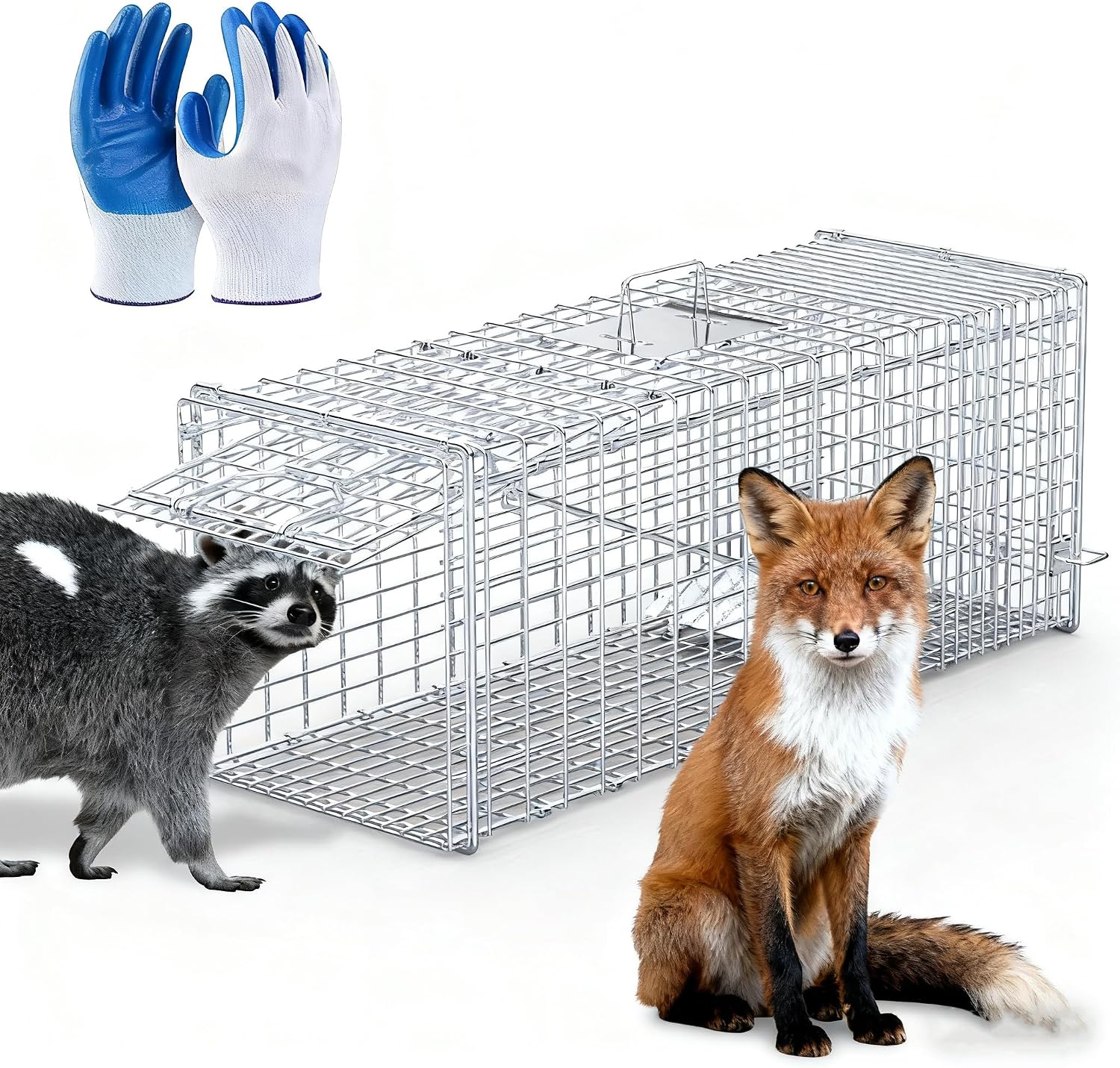 Large Live Animal Trap Cage Humane Collapsible Trap | Galvanized Iron Outdoor Foldable Animal Cage for Raccoons Foxes Coyotes Stray Dogs Armadillos