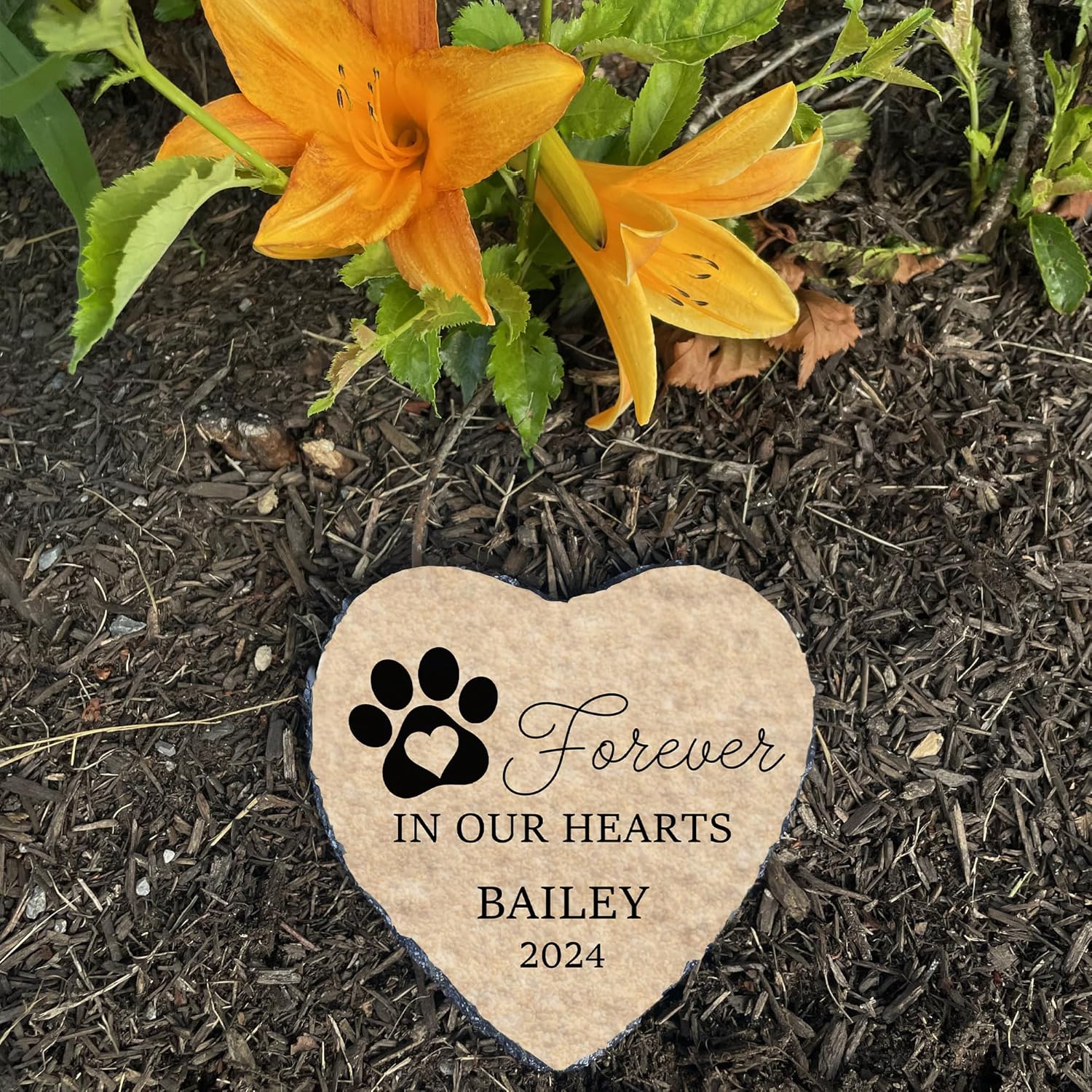 Personalized Dog Memorial Stone, Forever in Our Hearts Paw Print Heart Plaque, Pet Loss Gift for Dogs (S-20) - Image 2
