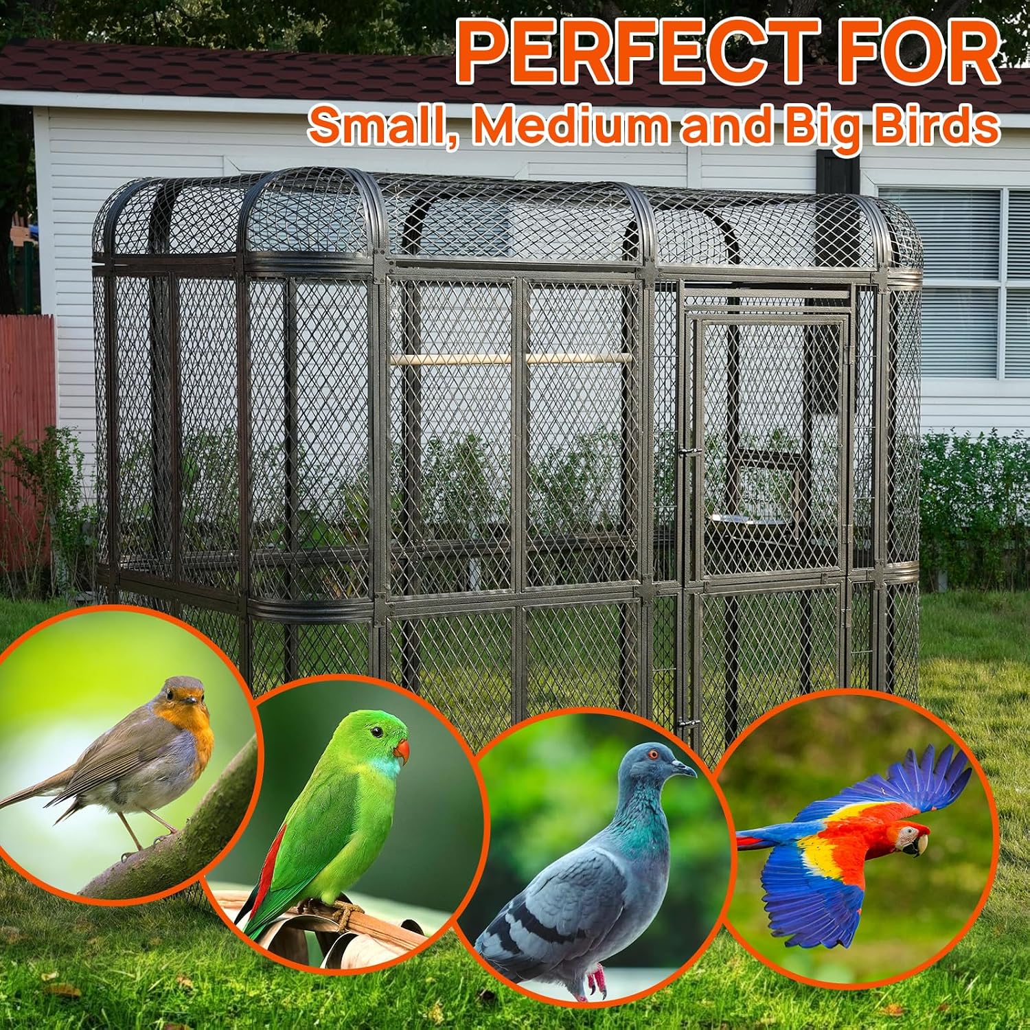 77" Walk-in Bird Cage, Heavy Duty Outdoor Aviary for Macaws | Parrots & Cockatiels Rustproof Carbon Steel, 6.4×3.8×7.95 Ft, Diamond Grid Design - Image 7