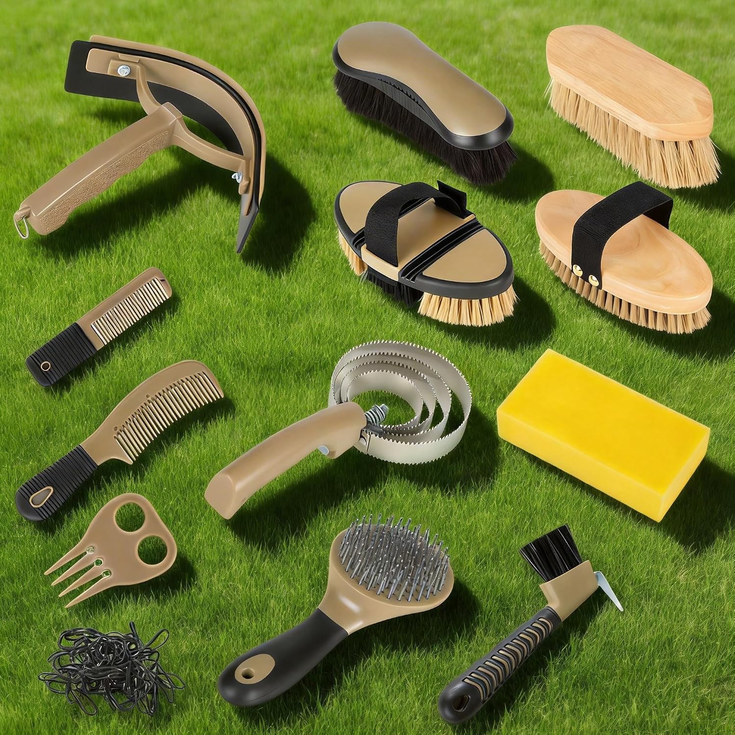 Horse Grooming Kit, 14-in-1 Professional Horse Brush Supplies Set for Grooming & Care, with Horse Brushes, Curry Comb, Hoof Pick & Waterproof Storage Tote Bag for Shining, Detangling, Massaging(Khaki) - Image 6
