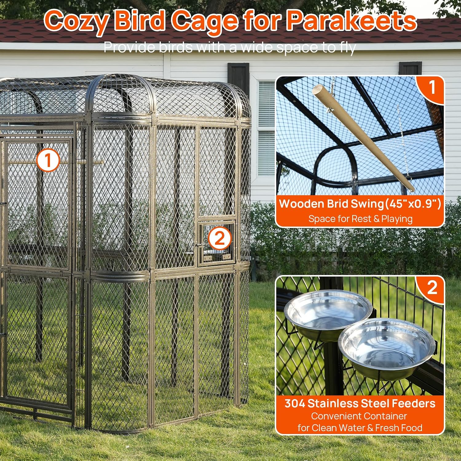 77" Walk-in Bird Cage, Heavy Duty Outdoor Aviary for Macaws | Parrots & Cockatiels Rustproof Carbon Steel, 6.4×3.8×7.95 Ft, Diamond Grid Design - Image 4