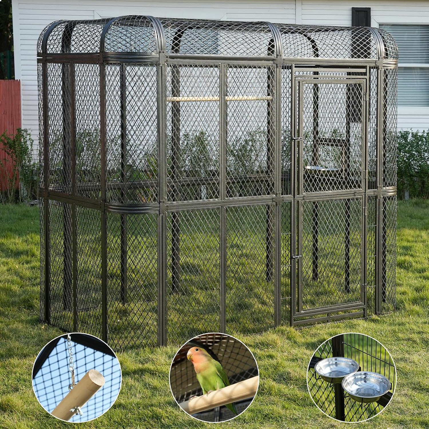 77" Walk-in Bird Cage, Heavy Duty Outdoor Aviary for Macaws | Parrots & Cockatiels Rustproof Carbon Steel, 6.4×3.8×7.95 Ft, Diamond Grid Design - Image 9
