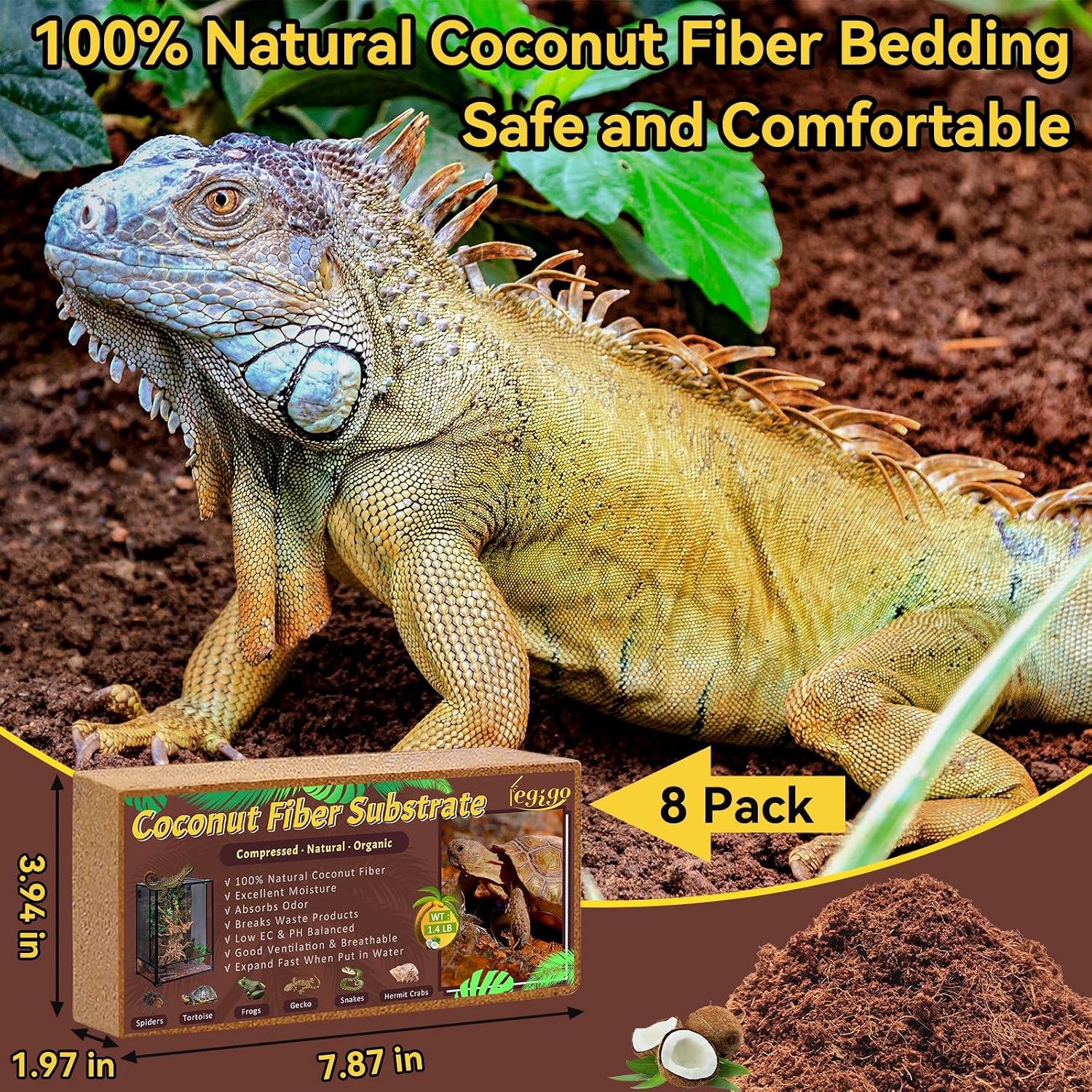 Legigo 8 Pack Coconut Fiber Substrate, Natural Coco Coir Bedding for Reptiles Turtles, Tortoises, Snake, Hermit Crab, Gecko, Lizard, Bioactive Terrarium Soil for Humidity Control and Plant Substrate - Image 2