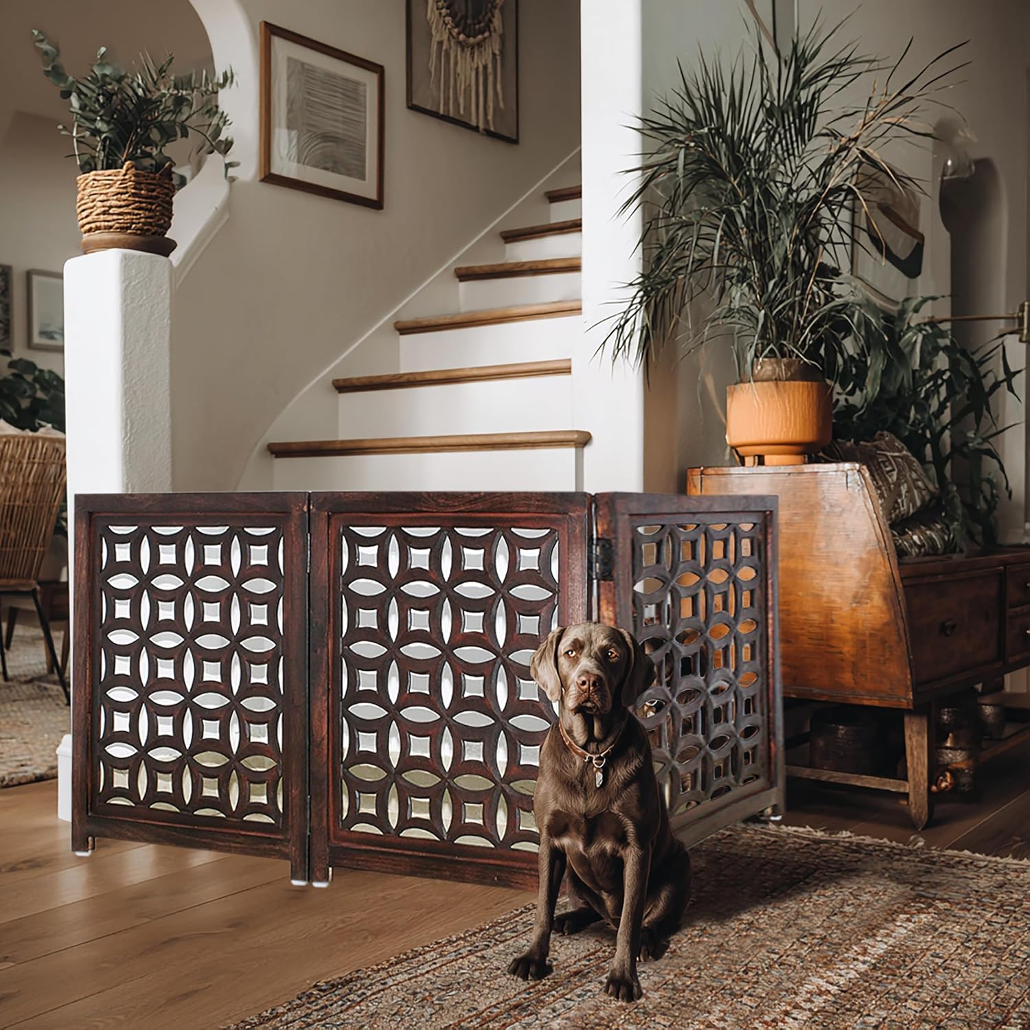 Croft&Cane Wooden Foldable Pet Dog Safety Gate – 3 Panel Freestanding Indoor Pet Fence (20 inches W x 24 inches H) – Hand-Carved Solid Wood & MDF – Fully Assembled 60x24 - Antique Brown - Image 4