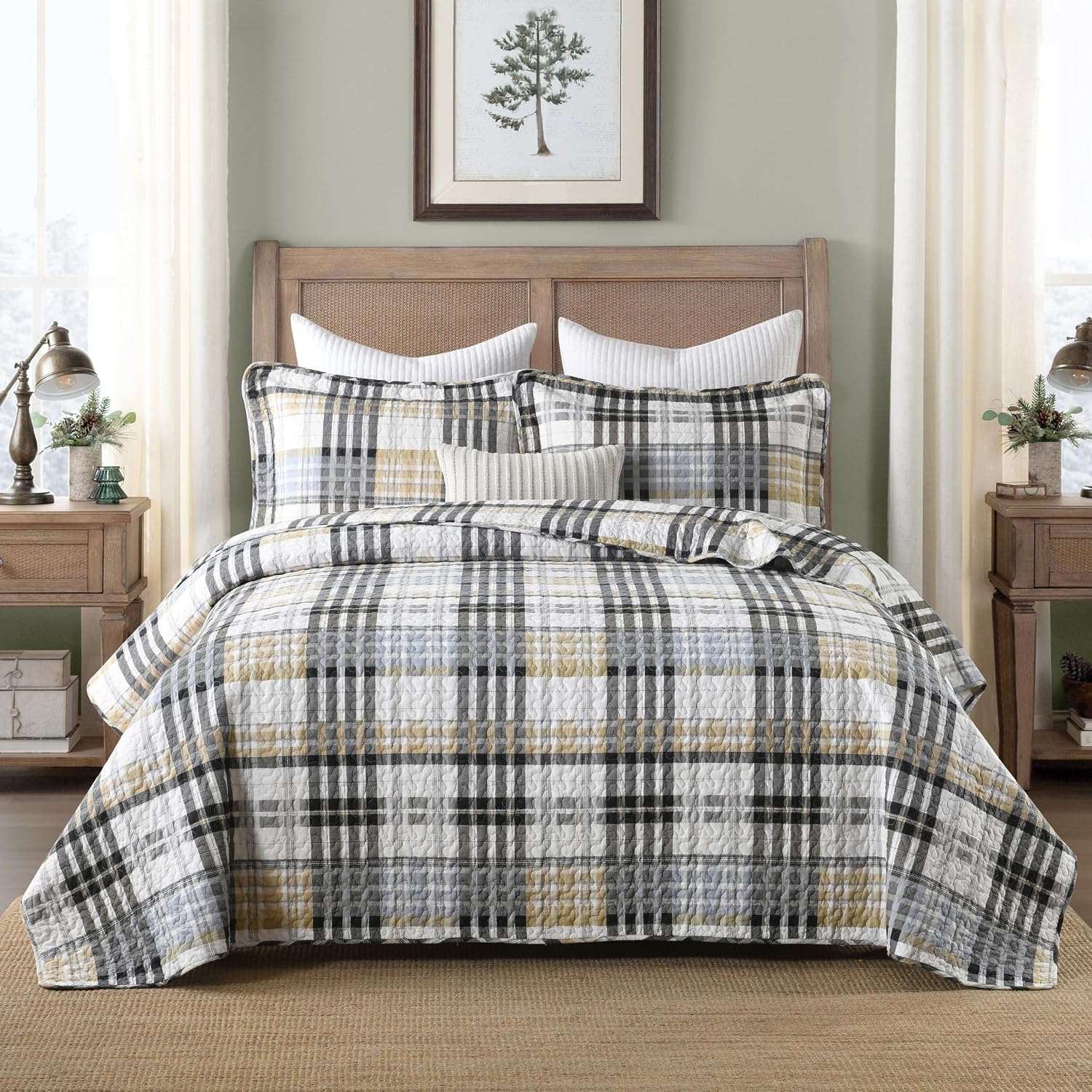 Quilts Queen Size, 100% Cotton Queen Size Comforter Set, Brown Black Grey White Striped Bedding Sets, Plaid Queen Bedspread,Brown Gingham Comforter Set Lightweight Reversible All Season 3 Piece