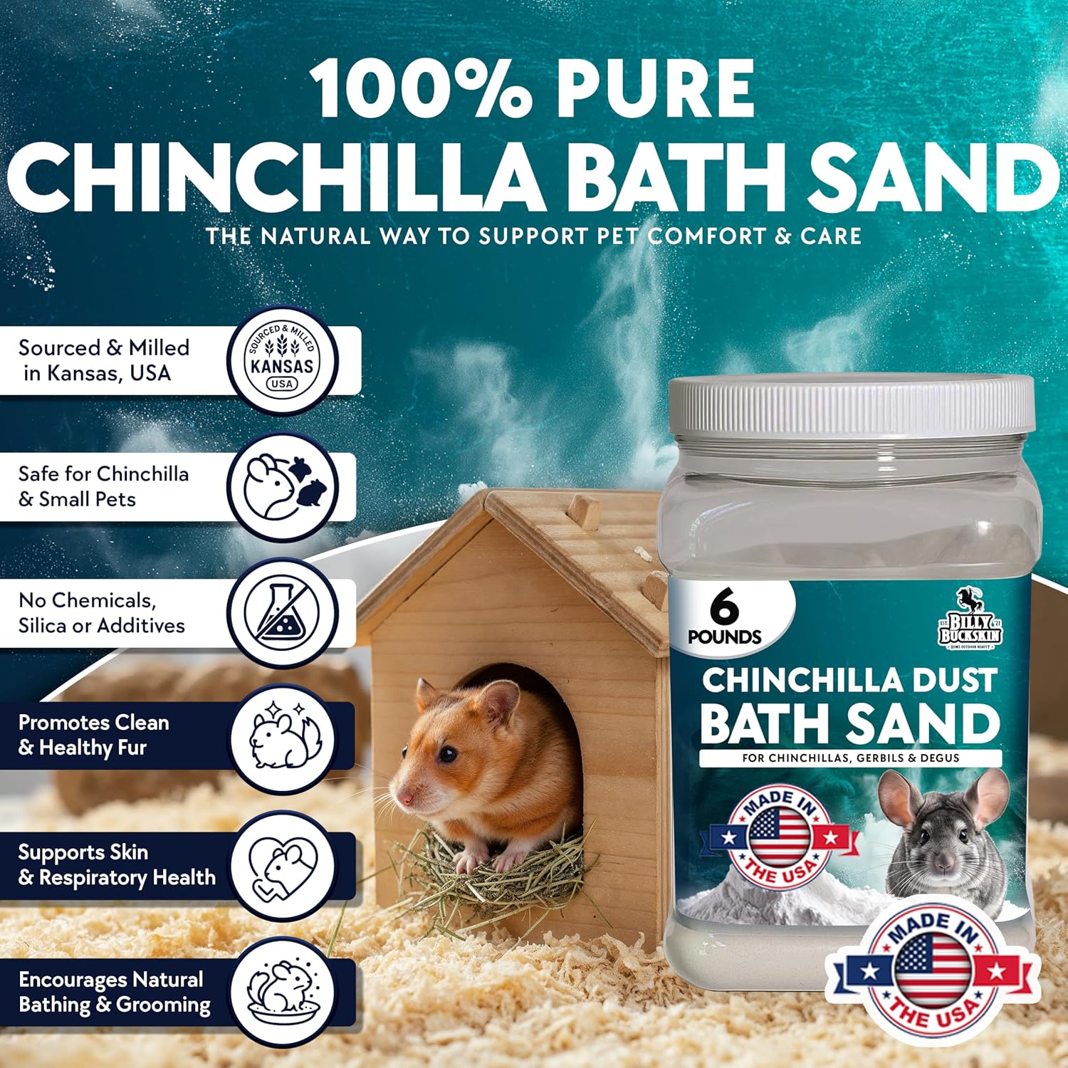 6 LB. Chinchilla Dust Bath Jar - Pure Cleansing Pumice Sand Dust for Cleaning Small Pets Like Gerbils, Mice, Degu - Premium, All Natural Dusting Powder - Chinchilla Accessories by Billy Buckskin - Image 2