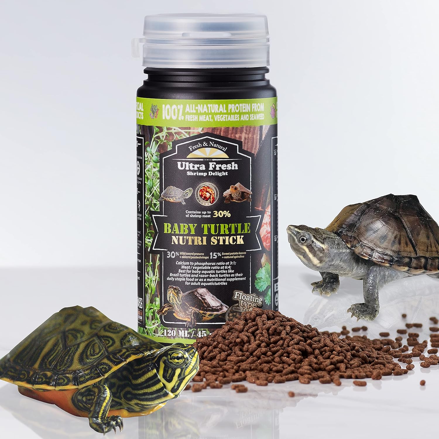 Ultra Fresh Floating Baby Turtle Food, All Natural Ingredients, Wild Sword Prawn, Calcium Vitamin D Enriched for Picky Aquatic Turtles, Baby Turtle Nutri Stick 1.6 oz - Image 2